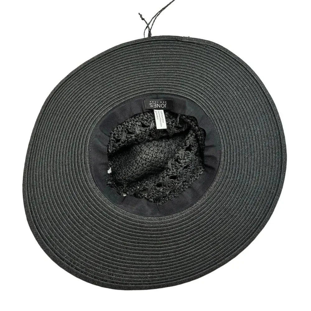 JONES NEW YORK Black Paper Straw Hat One Size Crochet Boho Wide Brim